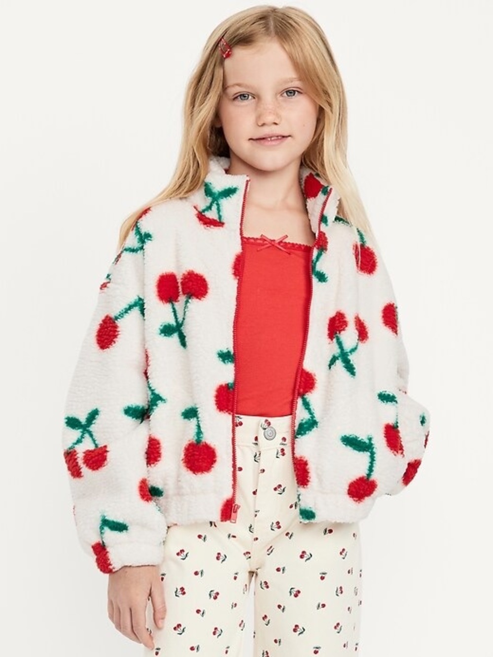 Old Navy Cherry Print Teddy Deep Pile Fleece Sherpa Jacket Size L 10-12 Girl